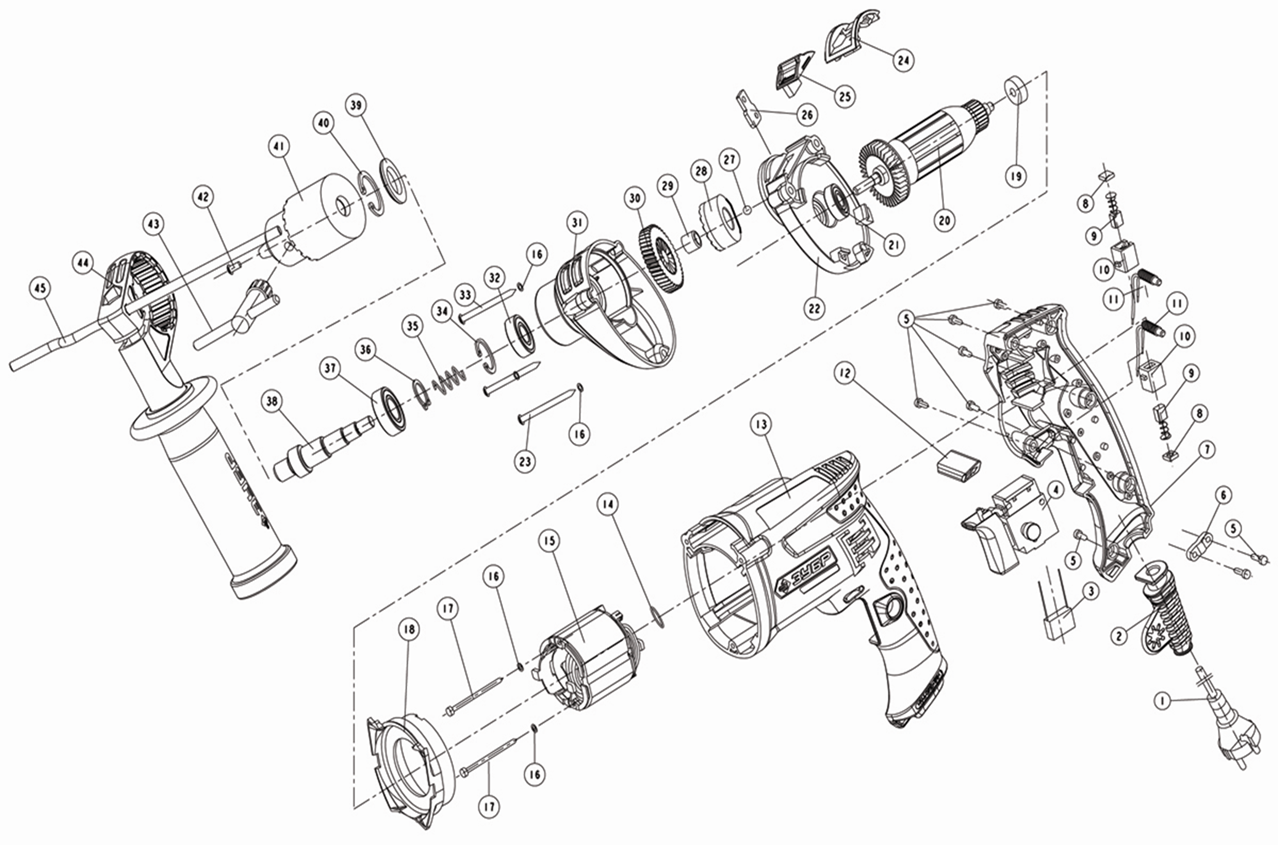 ЗУБР 850 Вт, 13 мм, ударная дрель, мет. корпус, Профессионал (ЗДУ-850 ЭРММ2) - разборная схема